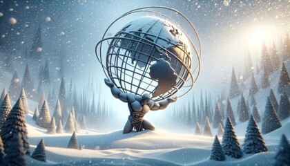 A whimsical, animated depiction of a snowy scene with Atlas, showing him enduring the elements while holding the world.