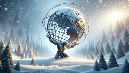 Foto op Aluminium A whimsical, animated depiction of a snowy scene with Atlas, showing him enduring the elements while holding the world. © FantasyLand86