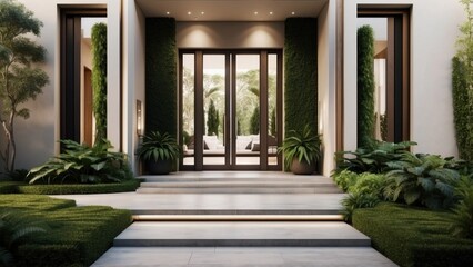 Stunning entrance of your modern villa, featuring sleek Italian architecture, a cascading waterfall, and lush greenery leading up to the front door