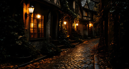 cobblestone street and houses in old fashioned area
