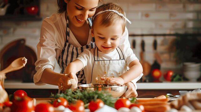 Mother and child cooking together