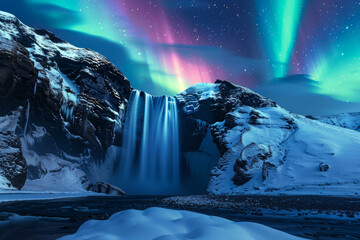 majestic waterfall illuminated by a vibrant aurora borealis