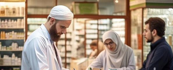the convergence of medicine and compassionate care as a pharmacist extends a helping hand to a customer, providing him with essential medications and invaluable support. - obrazy, fototapety, plakaty