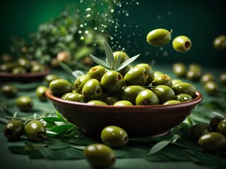 Fresh green olives as healthy meal, cinematic food photography, floating in the air