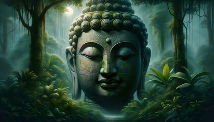 Obraz premium Ancient stone Buddha, monk with secret patterns on the stone skin a tranquil and contemplative atmosphere