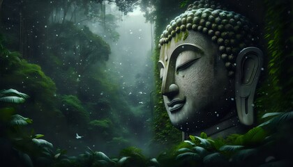 Ancient stone Buddha, monk with secret patterns on the stone skin a tranquil and contemplative atmosphere