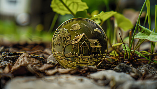 a gold coin with an image of a house and plants