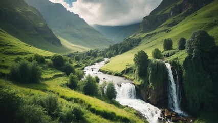 Picturesque valley with a cascading waterfall, surrounded by lush greenery and a meadow