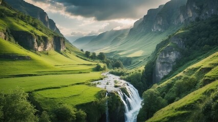 Picturesque valley with a cascading waterfall, surrounded by lush greenery and a meadow - obrazy, fototapety, plakaty