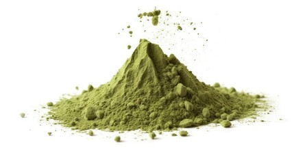 Pile of Matcha green tea powder isolated on white background.