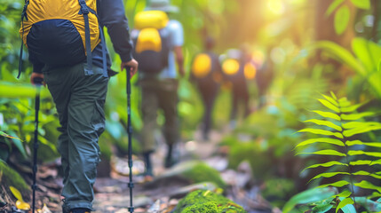 Group of friends hiking together at summer or spring in nature