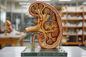 Anatomical model of human kidneys in a medical classroom, detailed educational tool for health and physiology, Concept of medical education and human anatomy