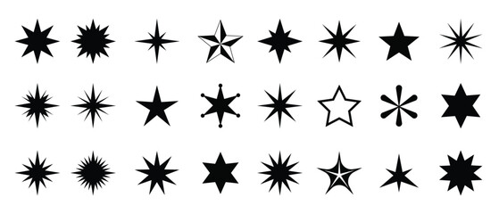 Stars collection hand drawn sparkling, Flat sparkling star collection, Hand drawn stars silhouette vector, different style stars and mixed models vector illustration - obrazy, fototapety, plakaty