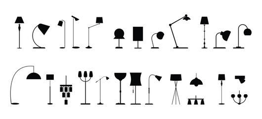 Standing lampshade icon set. Vector illustration of fashion collection electric floor lamp pictogram on white.