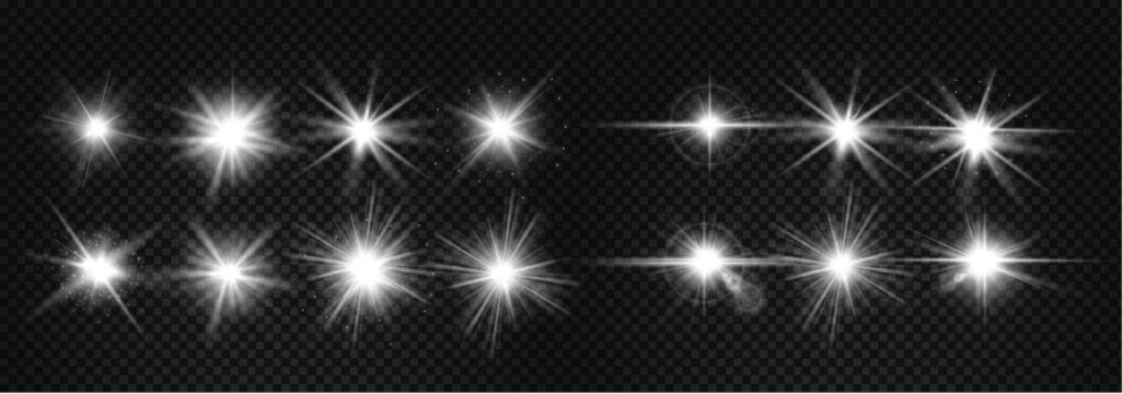 Glowing light bursts with sparkles. Glow light effect set, lens flare, explosion, glitter, line, sun flash, spark and star. Abstract image of lighting flare and white stars. Vector illustration.