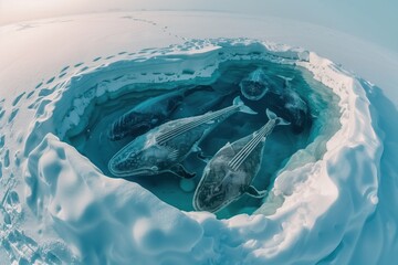 Pod of whales swimming in a melting ice sea, an impactful visual on climate change and marine life conservation. - obrazy, fototapety, plakaty