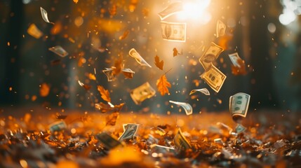 Dollars money falling like leaves in autumn generative ai