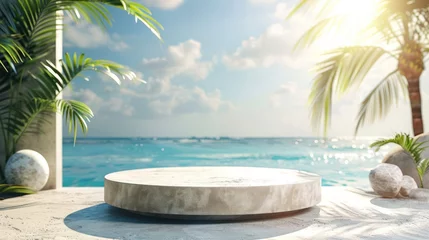 Poster Beach podium background product summer sand display stand sea cosmetic. Product summer background podium beach sky scene presentation platform nature blue pedestal beauty water mockup stone palm sun. © 2D_Jungle