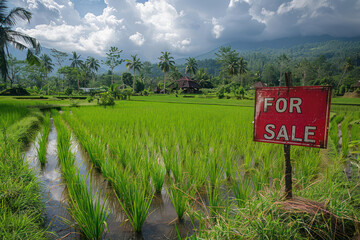 A rural rice field marked with a red sign with text For Sale.