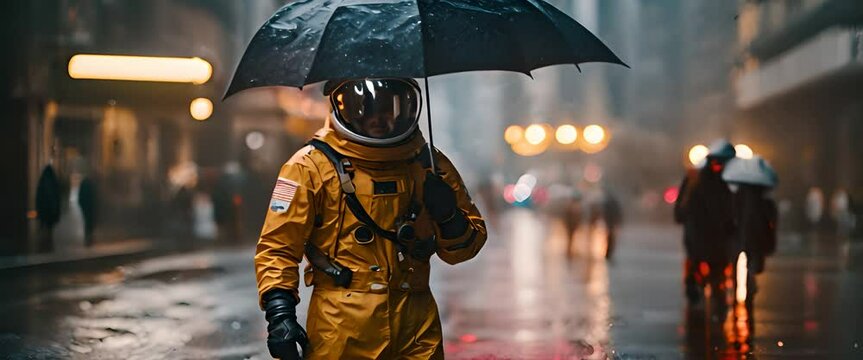 Spaceman standing holding the umbrella in the city raining time