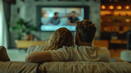 Obraz premium back view,Couple man and woman lying on sofa resting together in front of tv