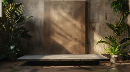 Brown concrete wall panels on brown floor as background. Podium mockup space area.