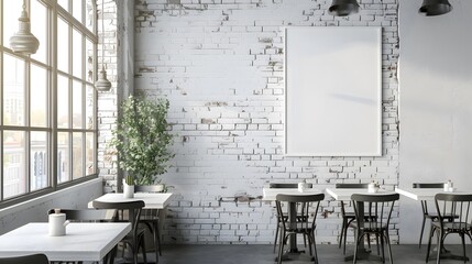 blank white poster with black frame on clean brick wall background for interior design concept