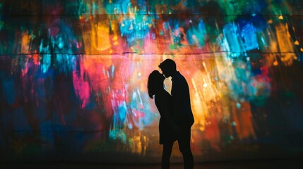 Fototapeta premium silhouette and art projection with couple kissing generative ai