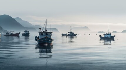 Fishing boats in the sea at sunset. Shallow depth of field. - obrazy, fototapety, plakaty