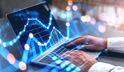 Man hands using laptop, graph stock market lines. Ai generative illustration