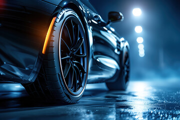 Luxury sports car parked on a wet street at night, showcasing modern design and automotive...