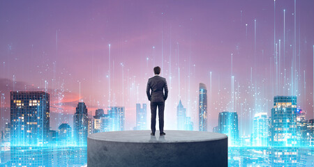 Fototapeta na wymiar Businessman and rising lines, smart city connection. Ai generative illustration