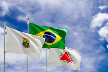 Official flags of the country Brazil, state of Minas Gerais and city of Belo Horizonte. Swaying in the wind under the blue sky. 3d rendering
