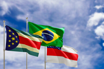 Official flags of the country Brazil, state of Amazonas and city of Parintins. Swaying in the wind...