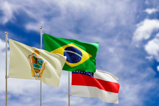 Official flags of the country Brazil, state of Amazonas and city of Manaus. Swaying in the wind under the blue sky. 3d rendering