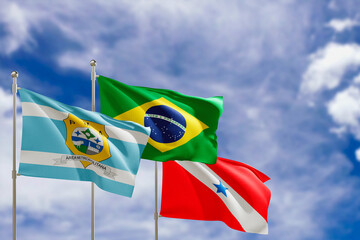Official flags of the country Brazil, state of Para and city of Ananindeua. Swaying in the wind under the blue sky. 3d rendering
