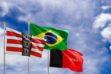Official flags of the country Brazil, state of Paraiba and city of Joao Pessoa. Swaying in the wind under the blue sky. 3d rendering