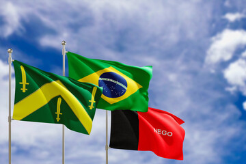 Official flags of the country Brazil, state of Paraiba and city of Campina Grande. Swaying in the wind under the blue sky. 3d rendering