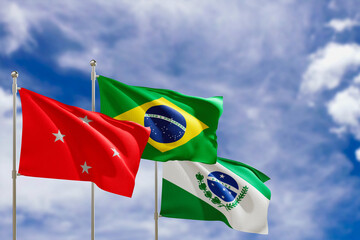 Official flags of the country Brazil, state of Parana and city of Londrina. Swaying in the wind under the blue sky. 3d rendering