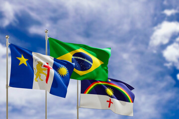 Official flags of the country Brazil, state of Pernambuco and city of Recife. Swaying in the wind under the blue sky. 3d rendering