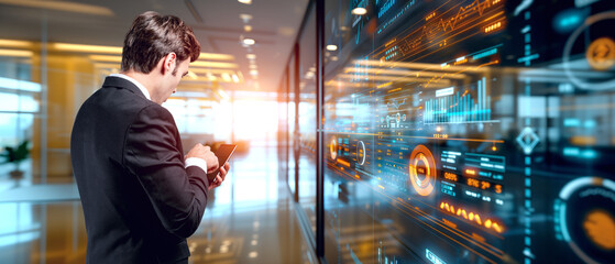 Businessman with tablet, big business marketing. Ai generative illustration