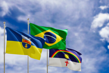 Official flags of the country Brazil, state of Pernambuco and city of Olinda. Swaying in the wind under the blue sky. 3d rendering