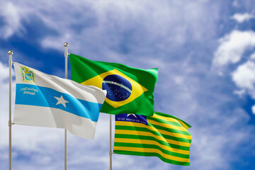 Official flags of the country Brazil, state of Piaui and city of Parnaiba. Swaying in the wind under the blue sky. 3d rendering