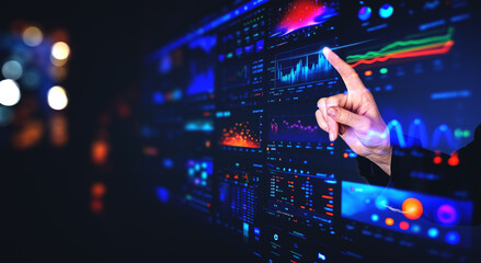 Woman finger touch screen and forex digital analysis. Ai generative illustration