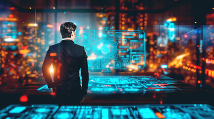 Businessman and virtual hud with big data analysis. Ai generative illustration