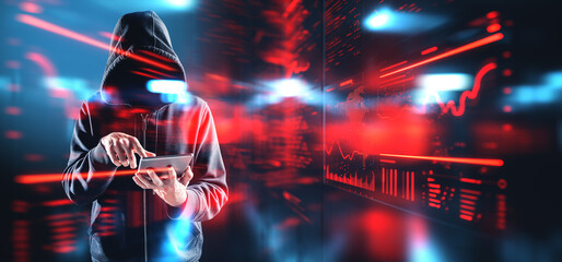 Hacker finger touch tablet, digital forex analysis. Ai generative illustration