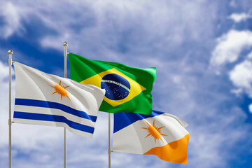 Official flags of the country Brazil, state of Tocantis and city of Palmas. Swaying in the wind under the blue sky. 3d rendering