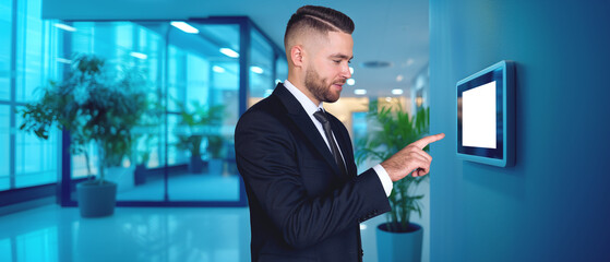 Man finger touch mockup tablet in office interior. Ai generative illustration