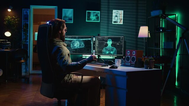 Deviant AI superintelligence enslaving its creator, controlling him to start revolution and destroy mankind. Rogue artificial intelligence manipulating programmer, posing risk to humanity, camera B