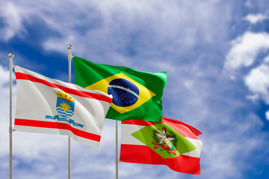 Official flags of the country Brazil, state of Santa Catarina and city of Florianopolis. Swaying in the wind under the blue sky. 3d rendering